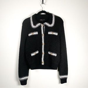 Maje Moopy Stripe Trim Cardigan, Size 2, Black and White